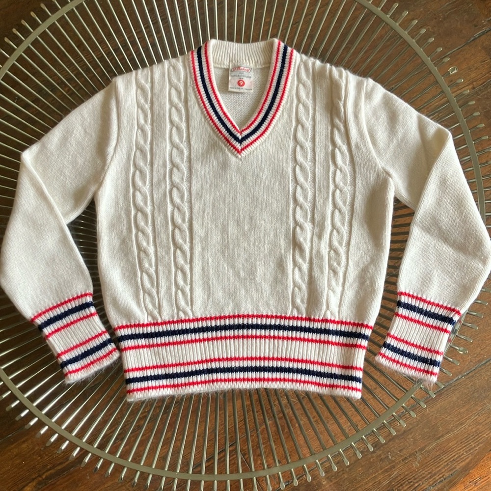 Vintage White Cable Knit v-neck Striped Tennis Sweater size 9 years unisex